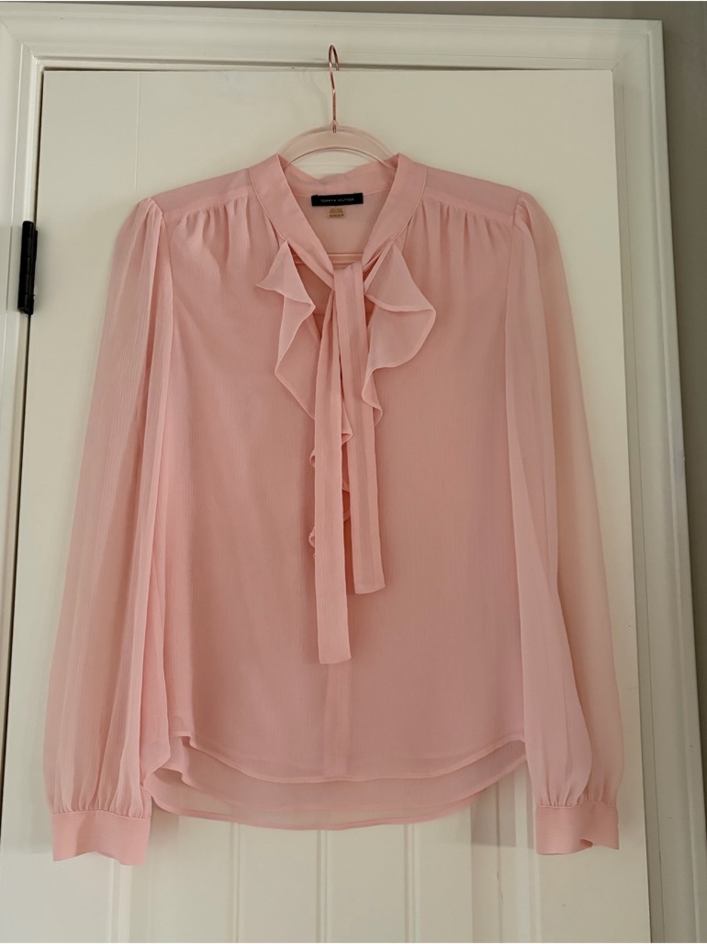 Tommy Hilfiger Soft Pink Ruffle Tie-Neck Blouse